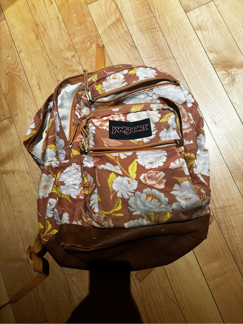 Jansport Brown Floral Backpack with White & Yellow Accents
